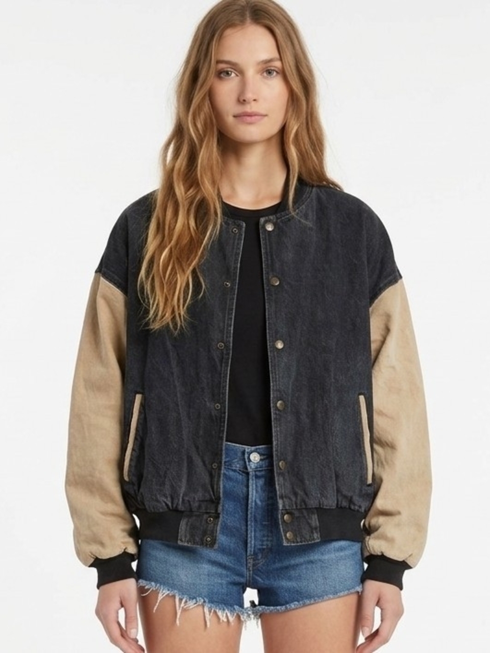 Vintage 90's Two-Tone Snap Button-Front Denim Bomber Jacket in Charcoal Gray/Tan